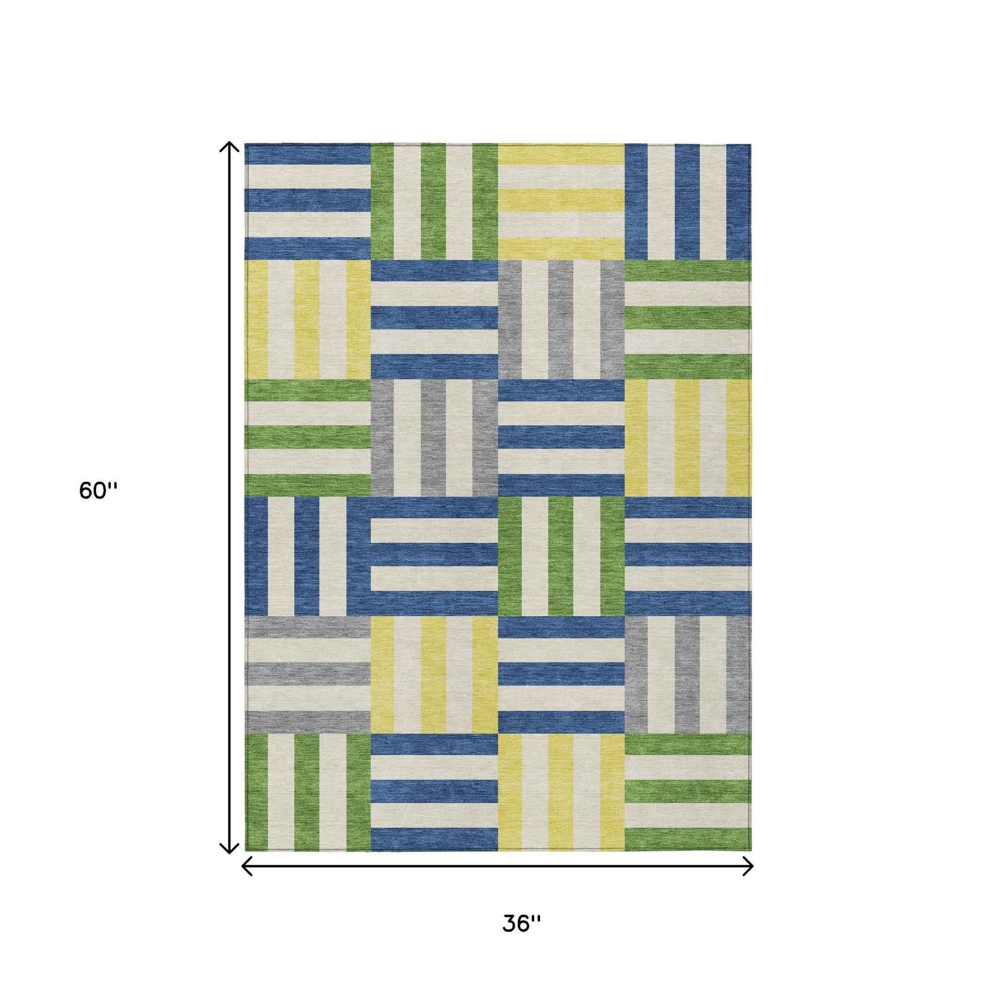 3' X 5' Blue Yellow And Green Geometric Washable Indoor Outdoor Area Rug