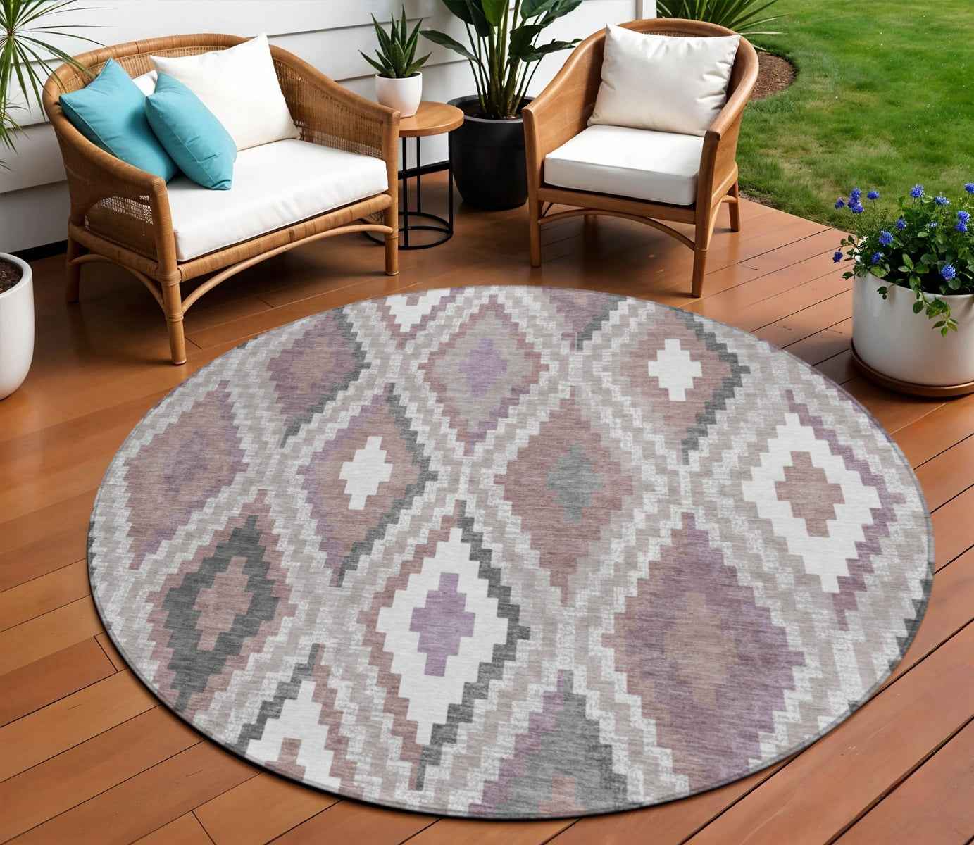 8' Blush Ivory And Gray Round Geometric Washable Indoor Outdoor Area Rug