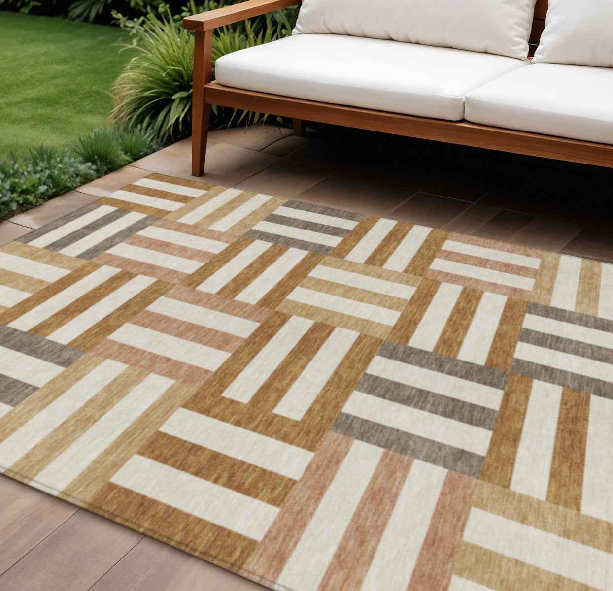 8' X 10' Chili Red Ivory And Copper Geometric Washable Indoor Outdoor Area Rug