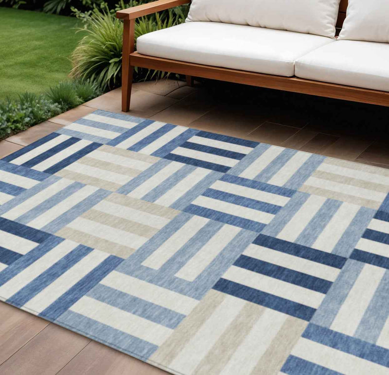 8' X 10' Navy Blue Ivory And Khaki Geometric Washable Indoor Outdoor Area Rug