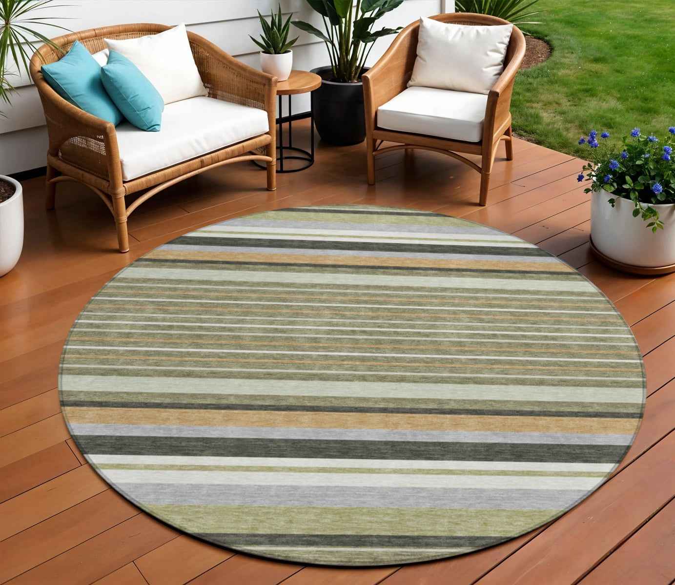 8' Olive Green Copper And Ivory Round Striped Washable Indoor Outdoor Area Rug