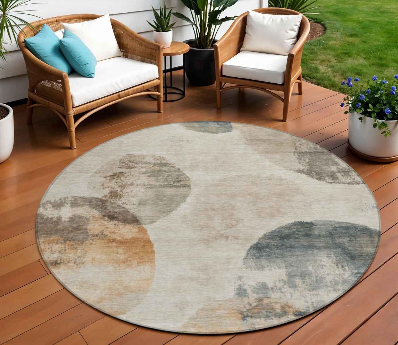8' Beige Khaki And Ivory Round Abstract Washable Indoor Outdoor Area Rug