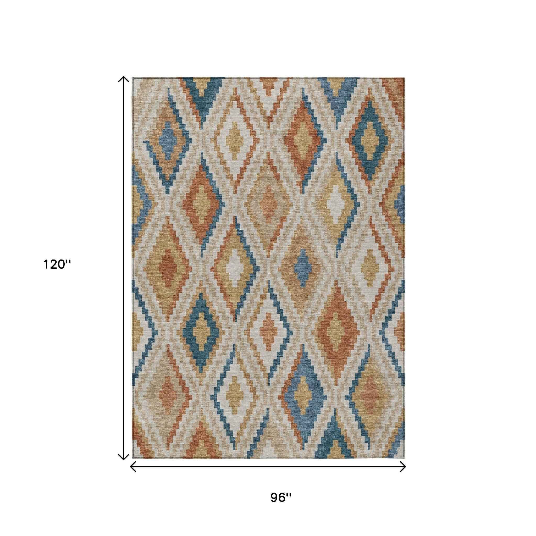 8' X 10' Beige Blue And Terra Cotta Geometric Washable Indoor Outdoor Area Rug