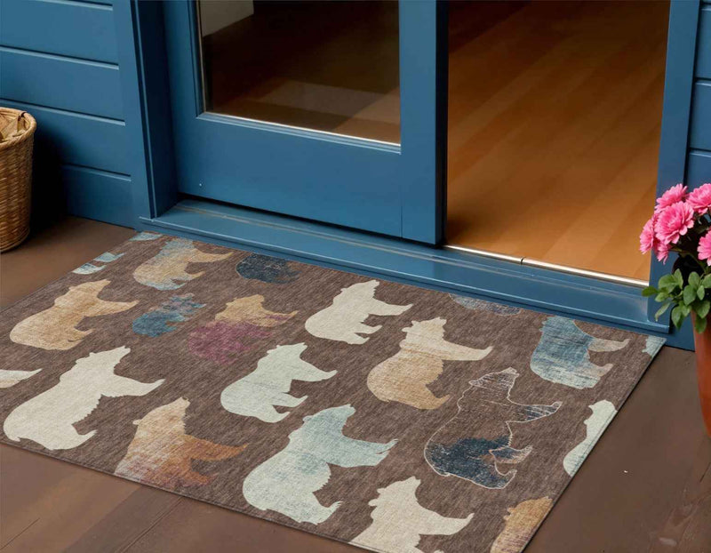 3' X 5' Chocolate Ivory And Blue Animal Print Washable Indoor Outdoor Area Rug