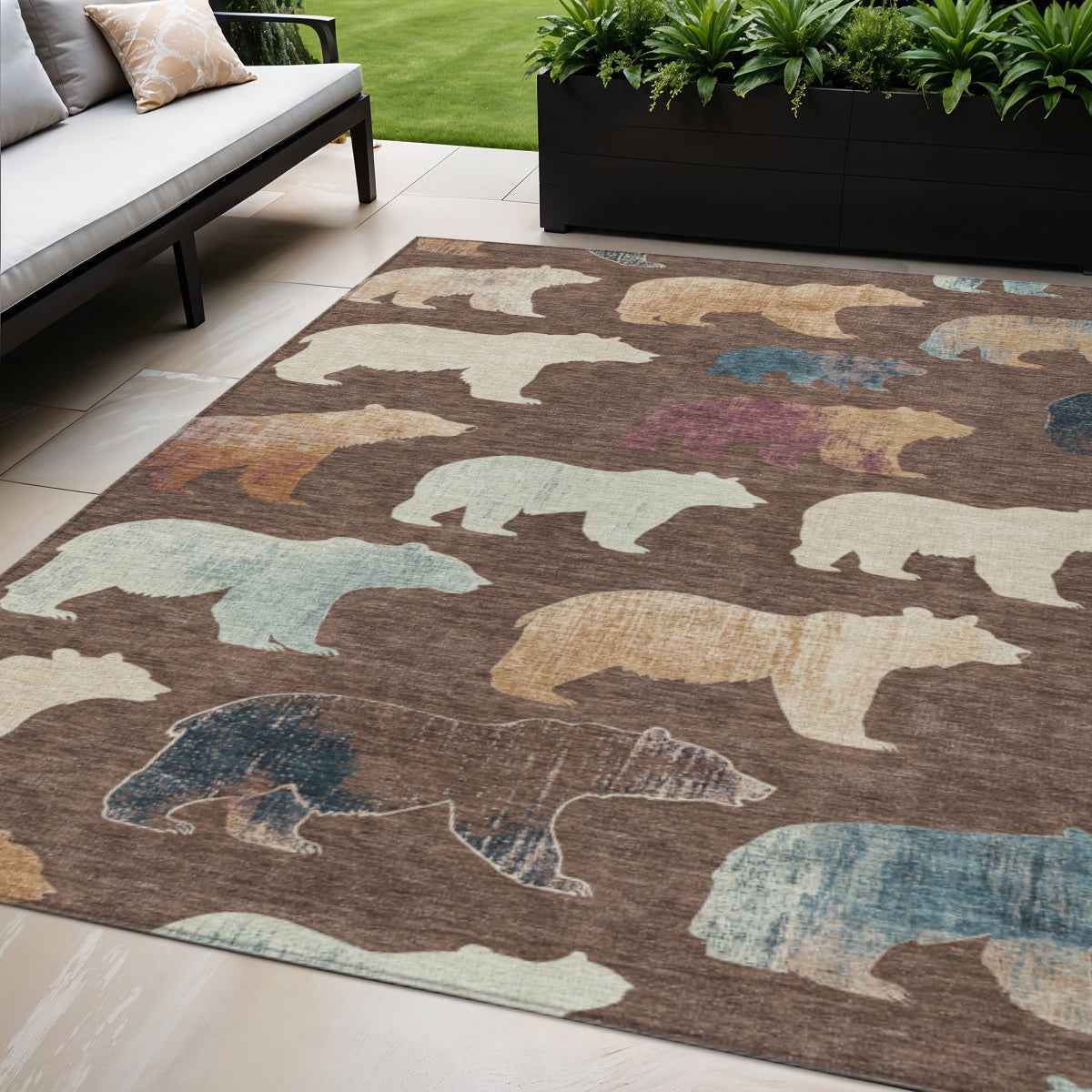 5' X 8' Chocolate Ivory And Blue Animal Print Washable Indoor Outdoor Area Rug