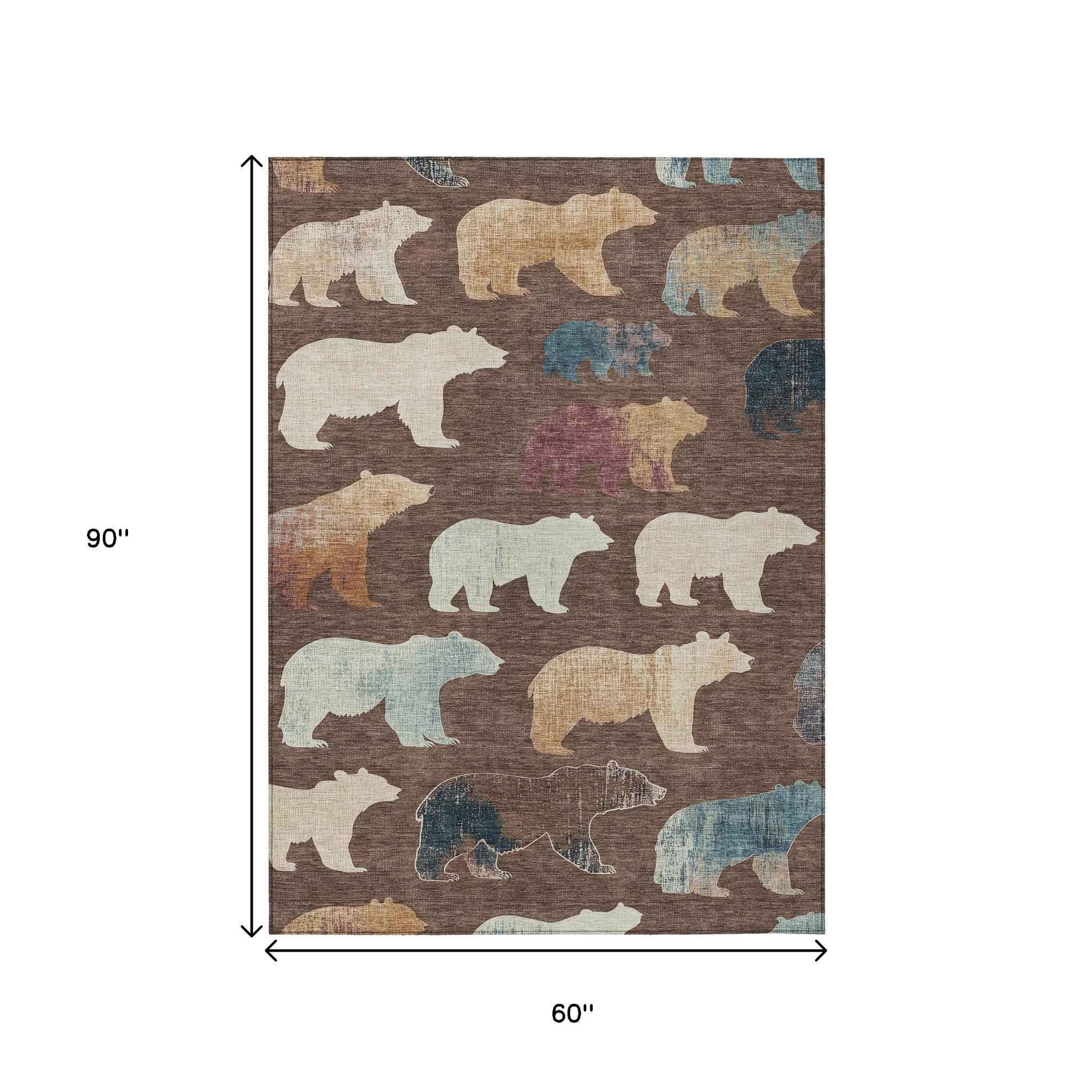 5' X 8' Chocolate Ivory And Blue Animal Print Washable Indoor Outdoor Area Rug