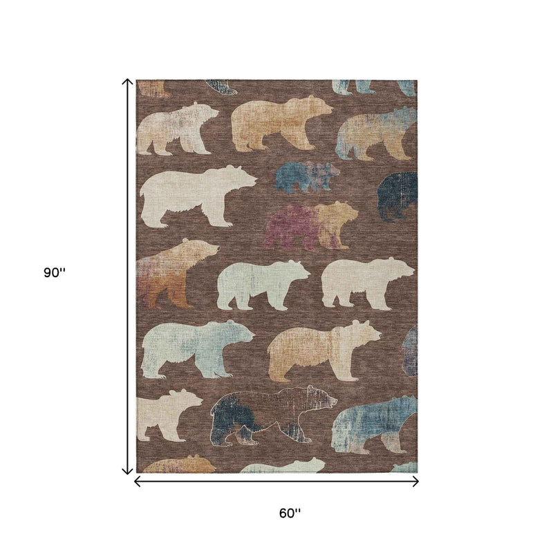 5' X 8' Chocolate Ivory And Blue Animal Print Washable Indoor Outdoor Area Rug