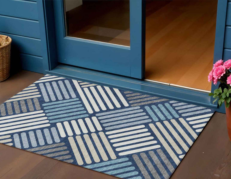 3' X 5' Navy Blue Ivory And Pewter Geometric Washable Indoor Outdoor Area Rug