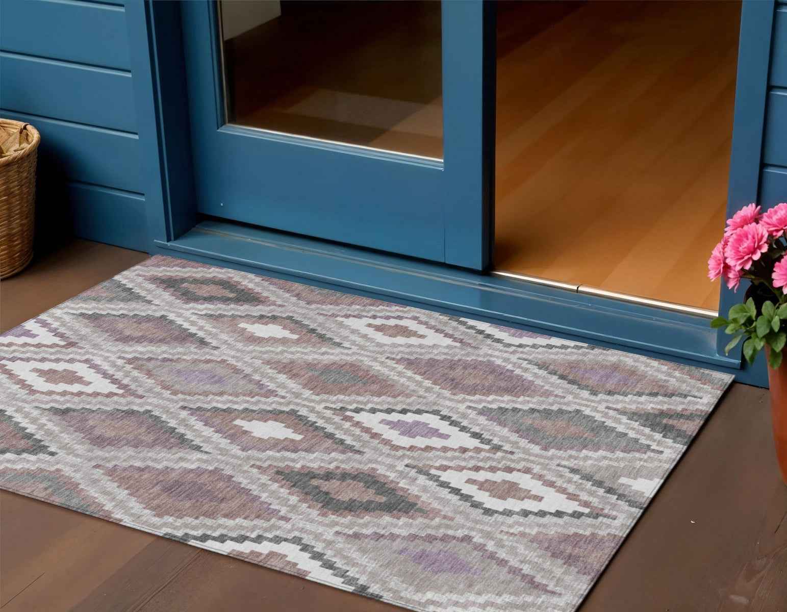 3' X 5' Blush Ivory And Gray Geometric Washable Indoor Outdoor Area Rug