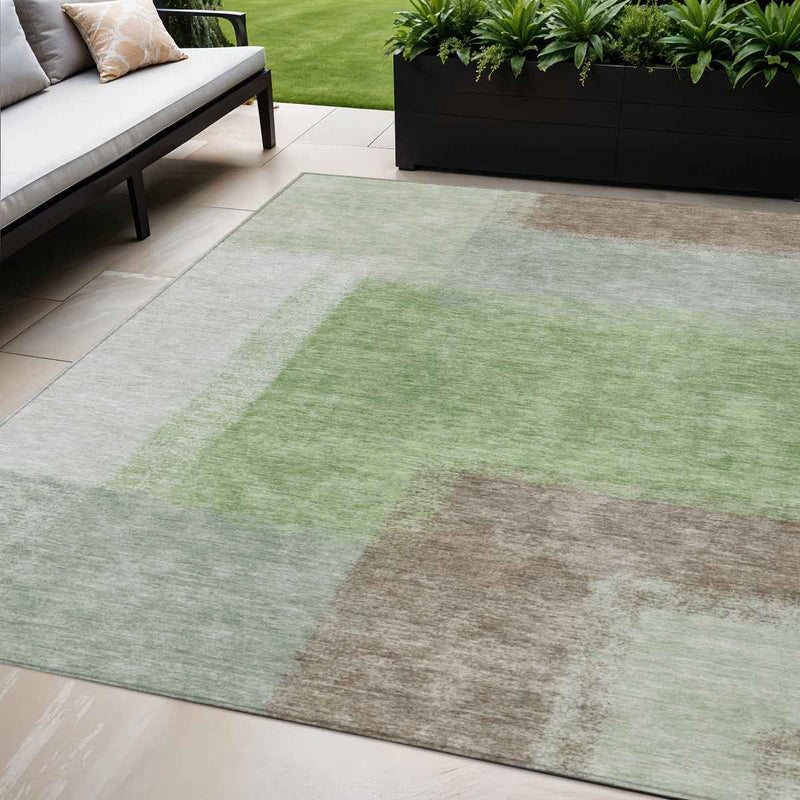 5' X 8' Artichoke Green Ivory And Brown Abstract Washable Indoor Outdoor Area Rug