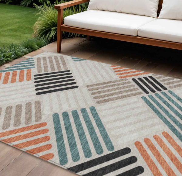 10' X 14' Sand Ivory And Black Geometric Washable Indoor Outdoor Area Rug