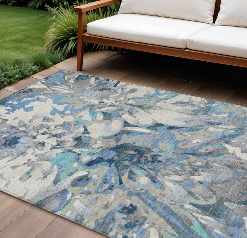 8' X 10' Denim Blue Gray And Ivory Floral Washable Indoor Outdoor Area Rug