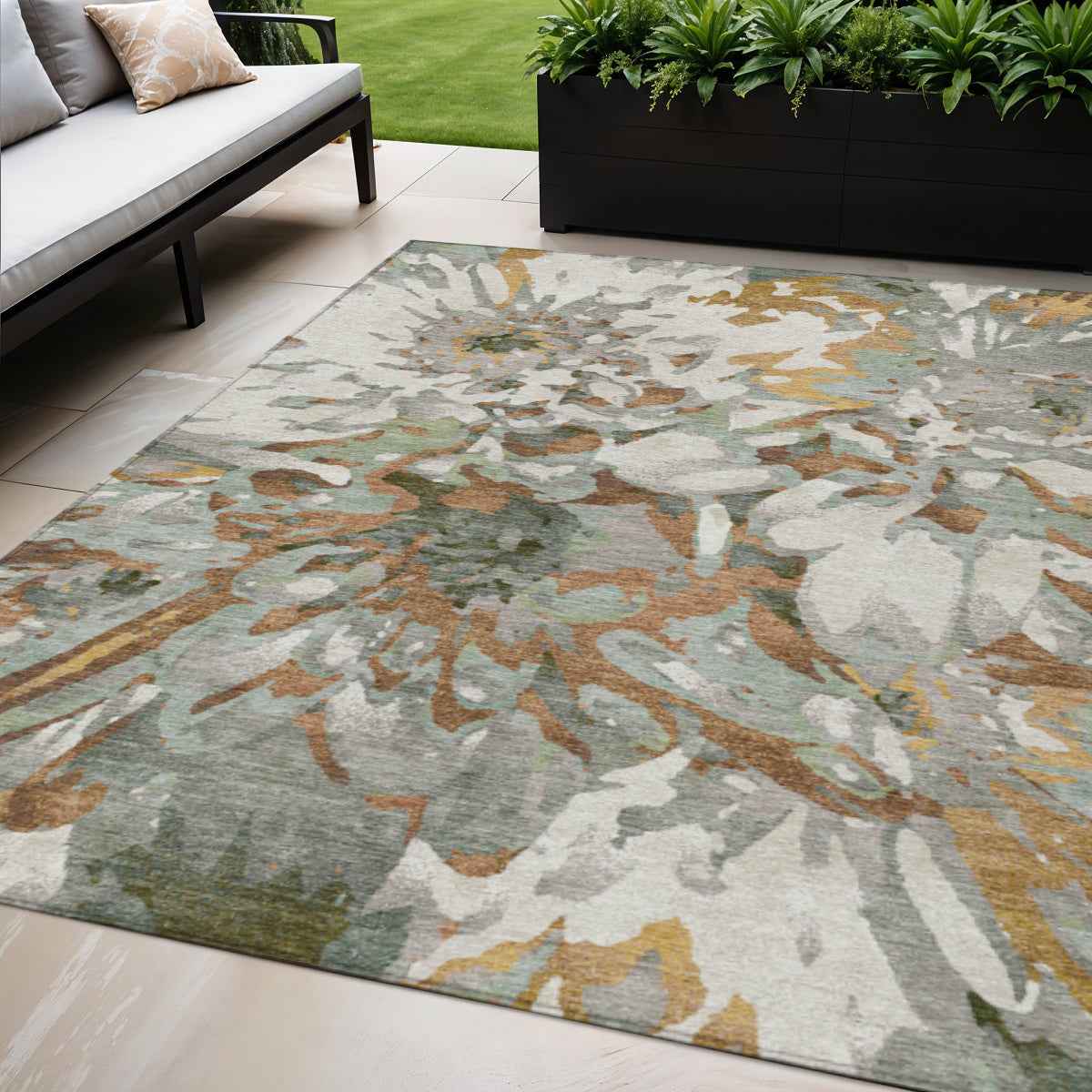 5' X 8' Copper Gray And Ivory Floral Washable Indoor Outdoor Area Rug