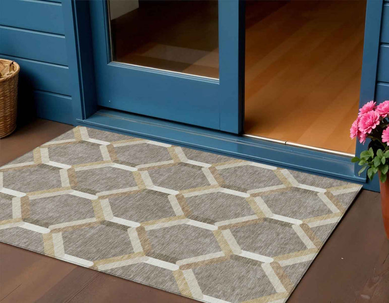 3' X 5' Taupe Beige And Ivory Geometric Washable Indoor Outdoor Area Rug