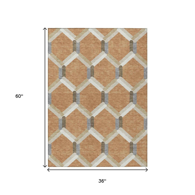 3' X 5' Copper Ivory And Gray Geometric Washable Indoor Outdoor Area Rug