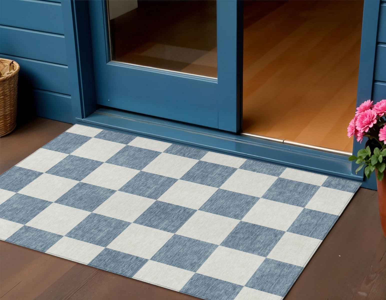 3' X 5' Denim Blue And Ivory Geometric Washable Indoor Outdoor Area Rug