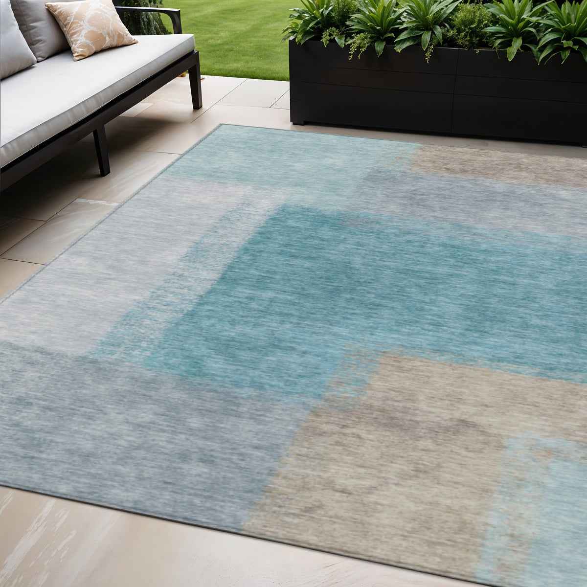 5' X 8' Teal Blue Ivory And Gray Abstract Washable Indoor Outdoor Area Rug