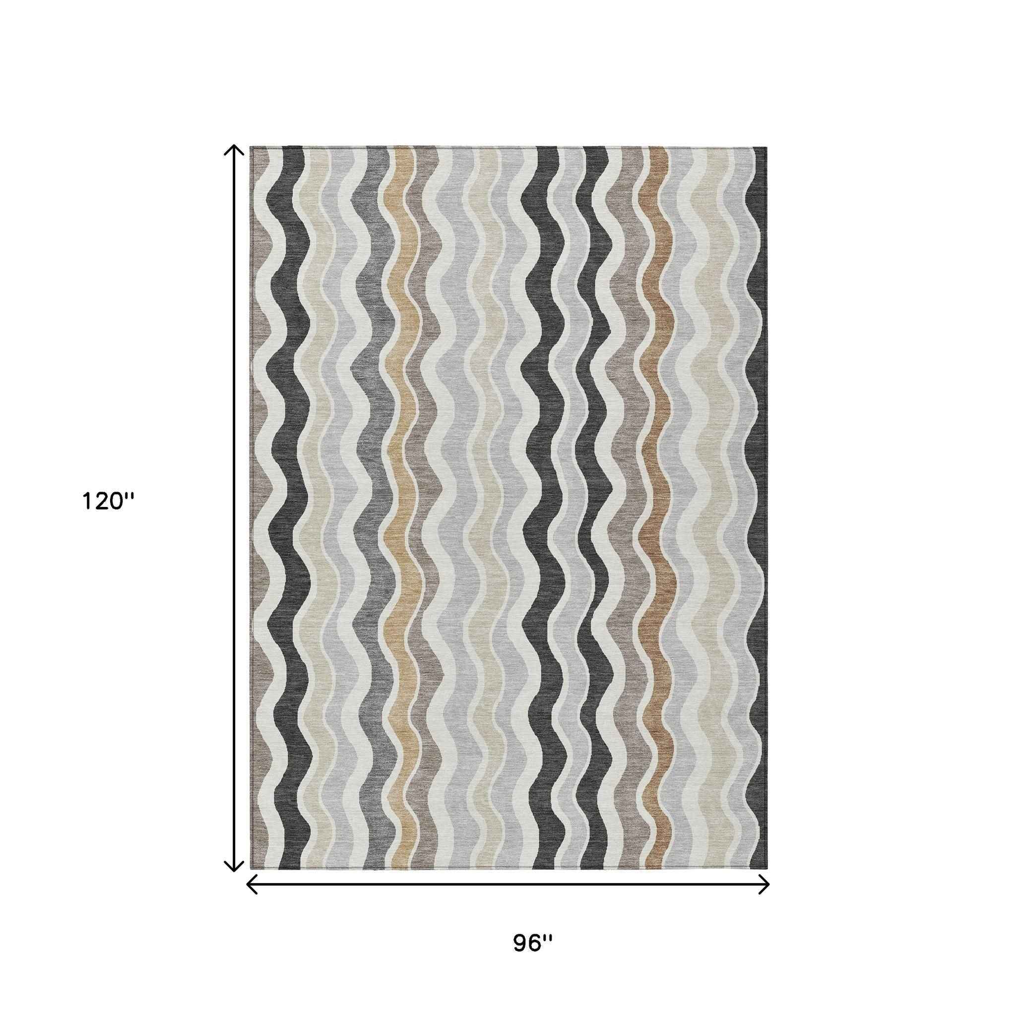 8' X 10' Charcoal Ivory And Gray Striped Washable Indoor Outdoor Area Rug
