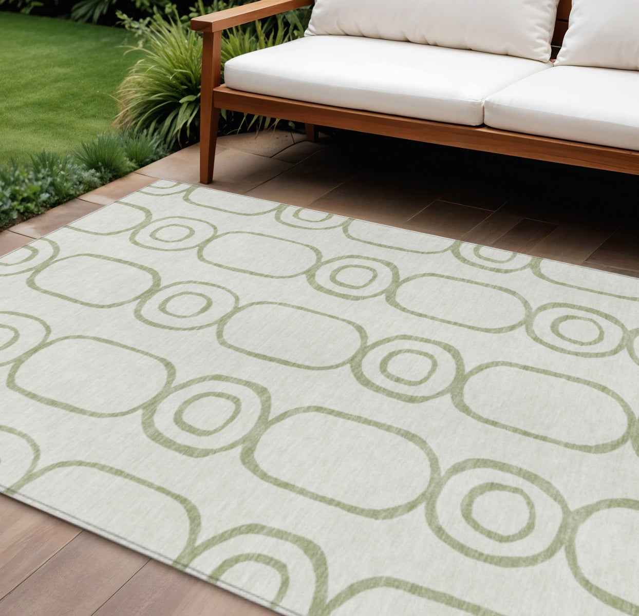 8' X 10' Artichoke Green And Ivory Geometric Washable Indoor Outdoor Area Rug