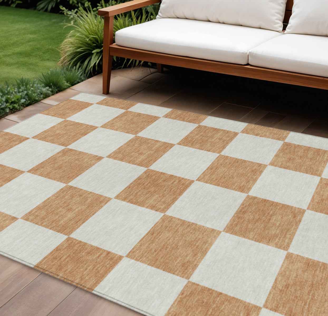 10' X 14' Copper And Ivory Geometric Washable Indoor Outdoor Area Rug