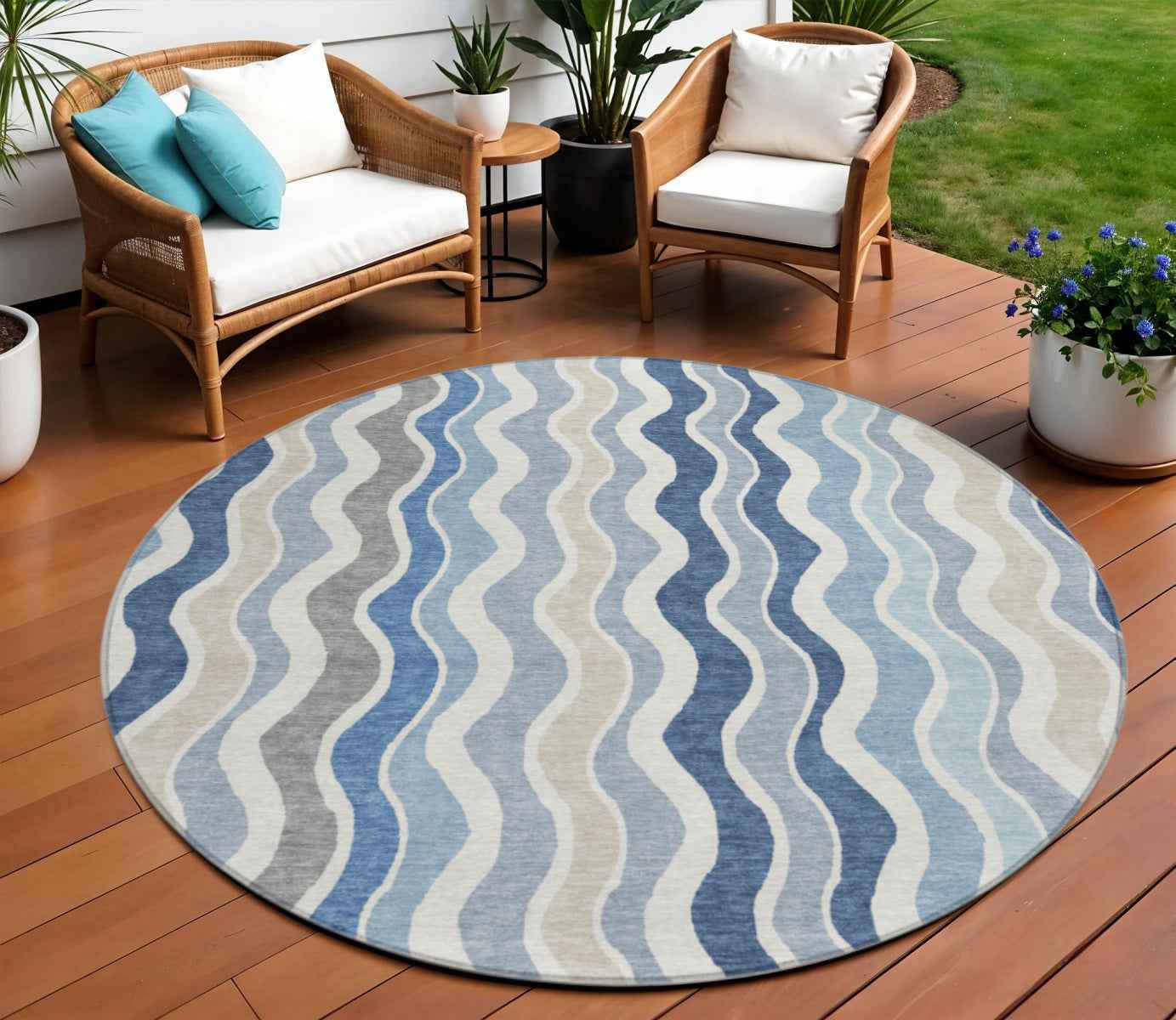 8' Blue Khaki And Ivory Round Striped Washable Indoor Outdoor Area Rug