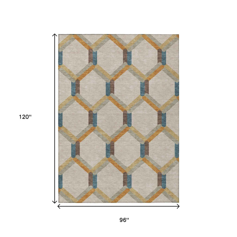 8' X 10' Beige Wheat And Blue Geometric Washable Indoor Outdoor Area Rug