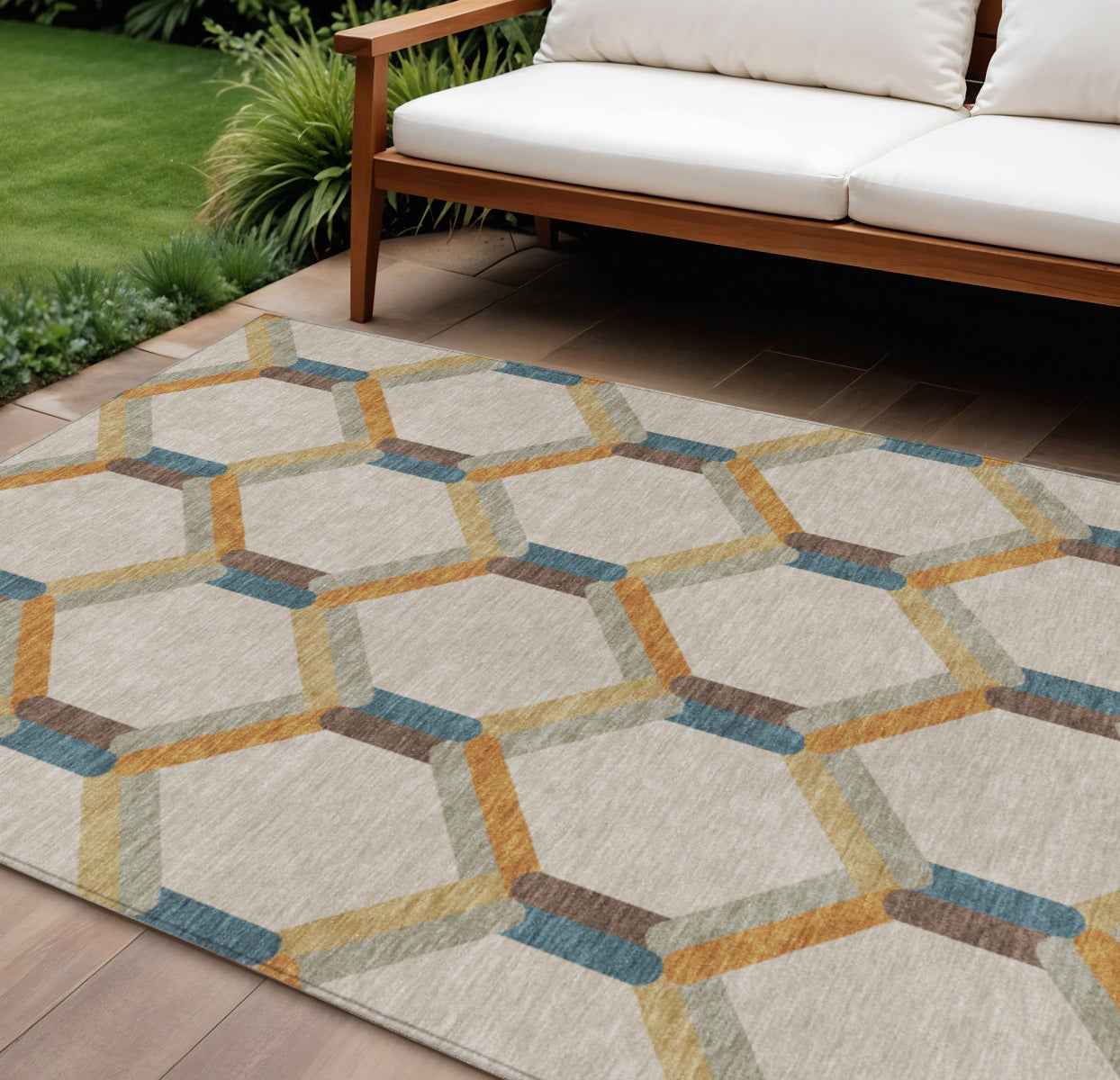 8' X 10' Beige Wheat And Blue Geometric Washable Indoor Outdoor Area Rug