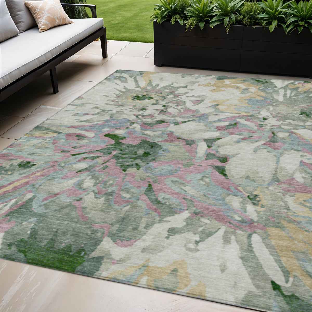 5' X 8' Sage Gold And Emerald Floral Washable Indoor Outdoor Area Rug