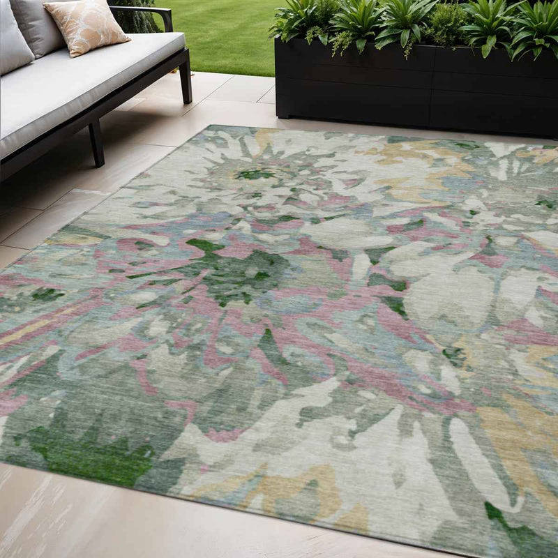 5' X 8' Sage Gold And Emerald Floral Washable Indoor Outdoor Area Rug