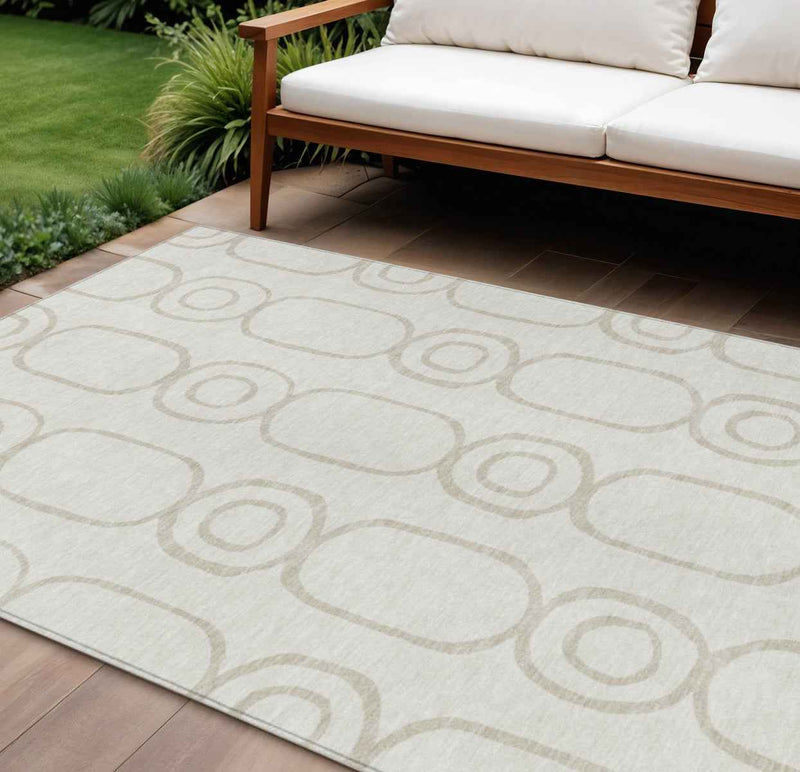8' X 10' Ivory And Beige Geometric Washable Indoor Outdoor Area Rug