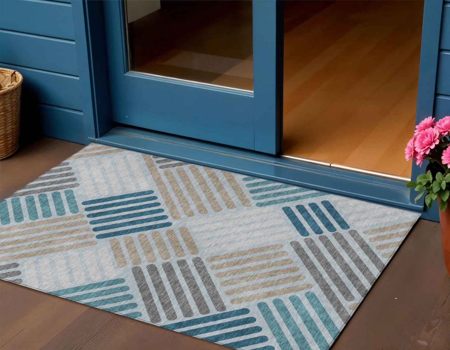 3' X 5' Teal Blue Wheat And Gray Geometric Washable Indoor Outdoor Area Rug