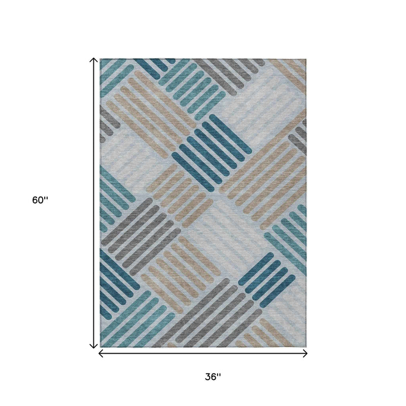 3' X 5' Teal Blue Wheat And Gray Geometric Washable Indoor Outdoor Area Rug