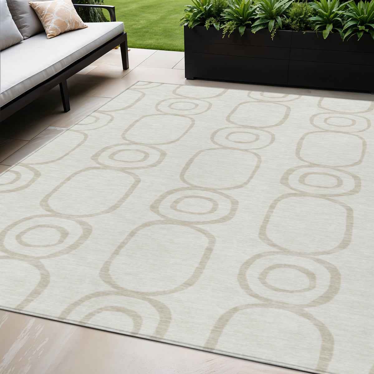 5' X 8' Ivory And Beige Geometric Washable Indoor Outdoor Area Rug