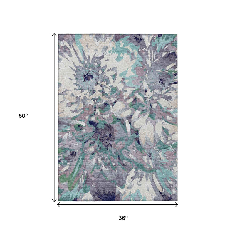 3' X 5' Lavender Gray And Ivory Floral Washable Indoor Outdoor Area Rug