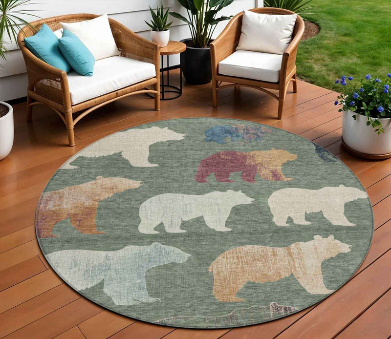 8' Green Ivory And Copper Round Animal Print Washable Indoor Outdoor Area Rug