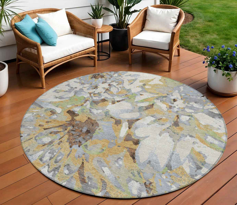 8' Wheat Ivory And Gray Round Floral Washable Indoor Outdoor Area Rug