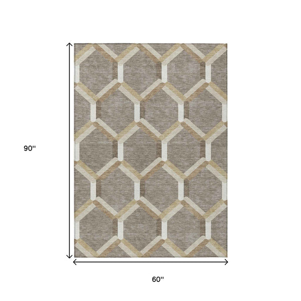 5' X 8' Taupe Beige And Ivory Geometric Washable Indoor Outdoor Area Rug