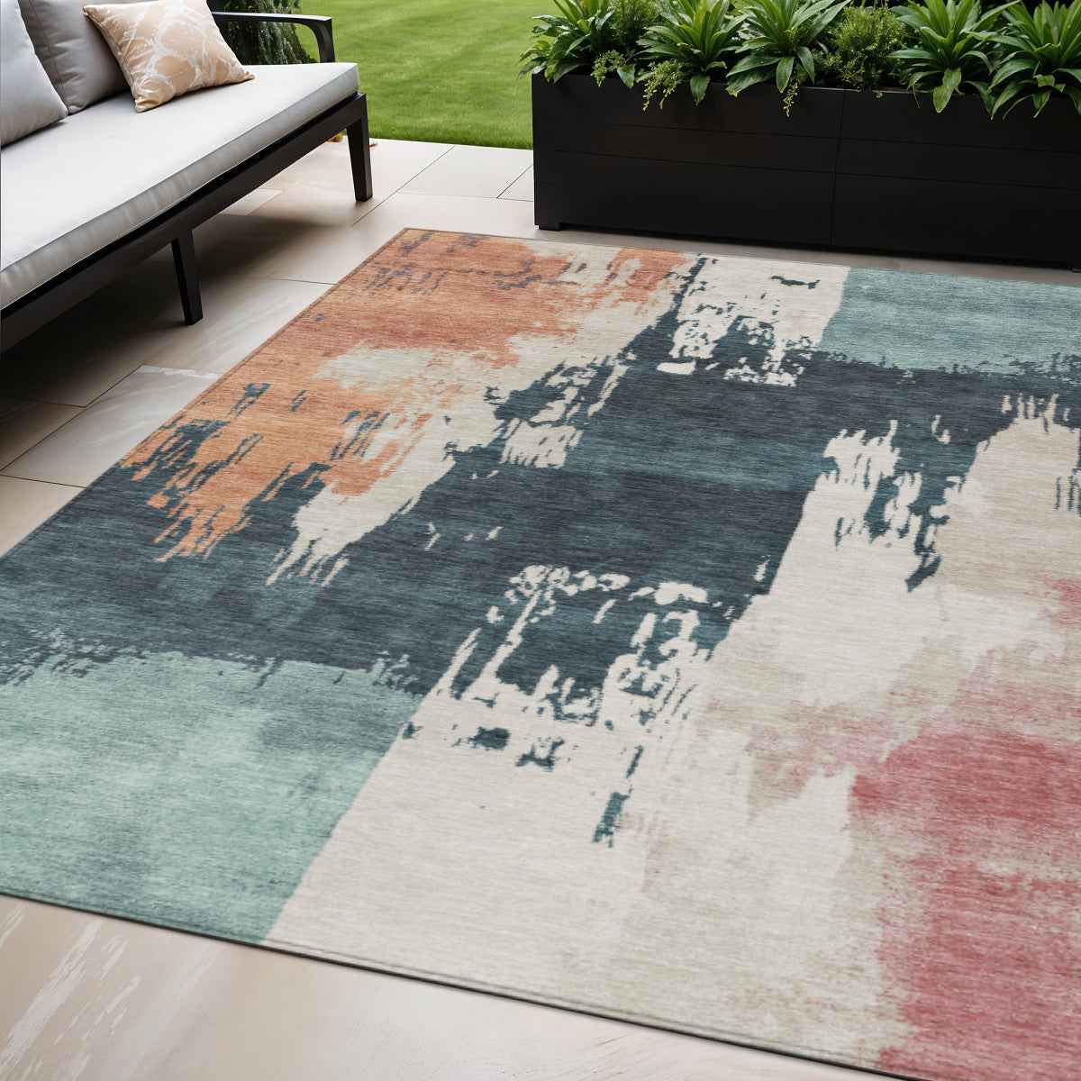 5' X 8' Teal Blue Pink And Orange Abstract Washable Indoor Outdoor Area Rug