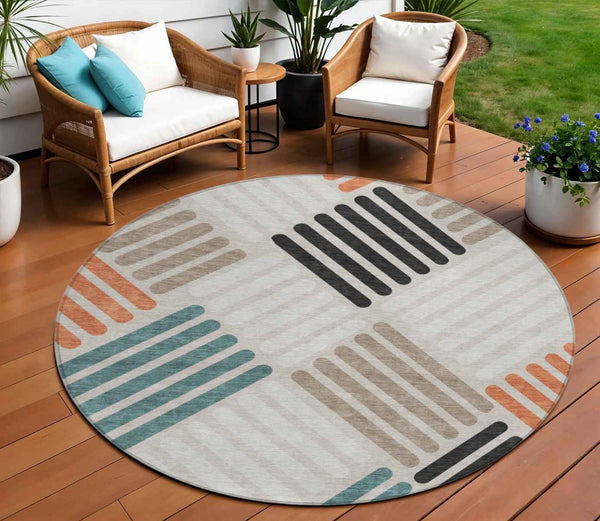 8' Sand Ivory And Black Round Geometric Washable Indoor Outdoor Area Rug