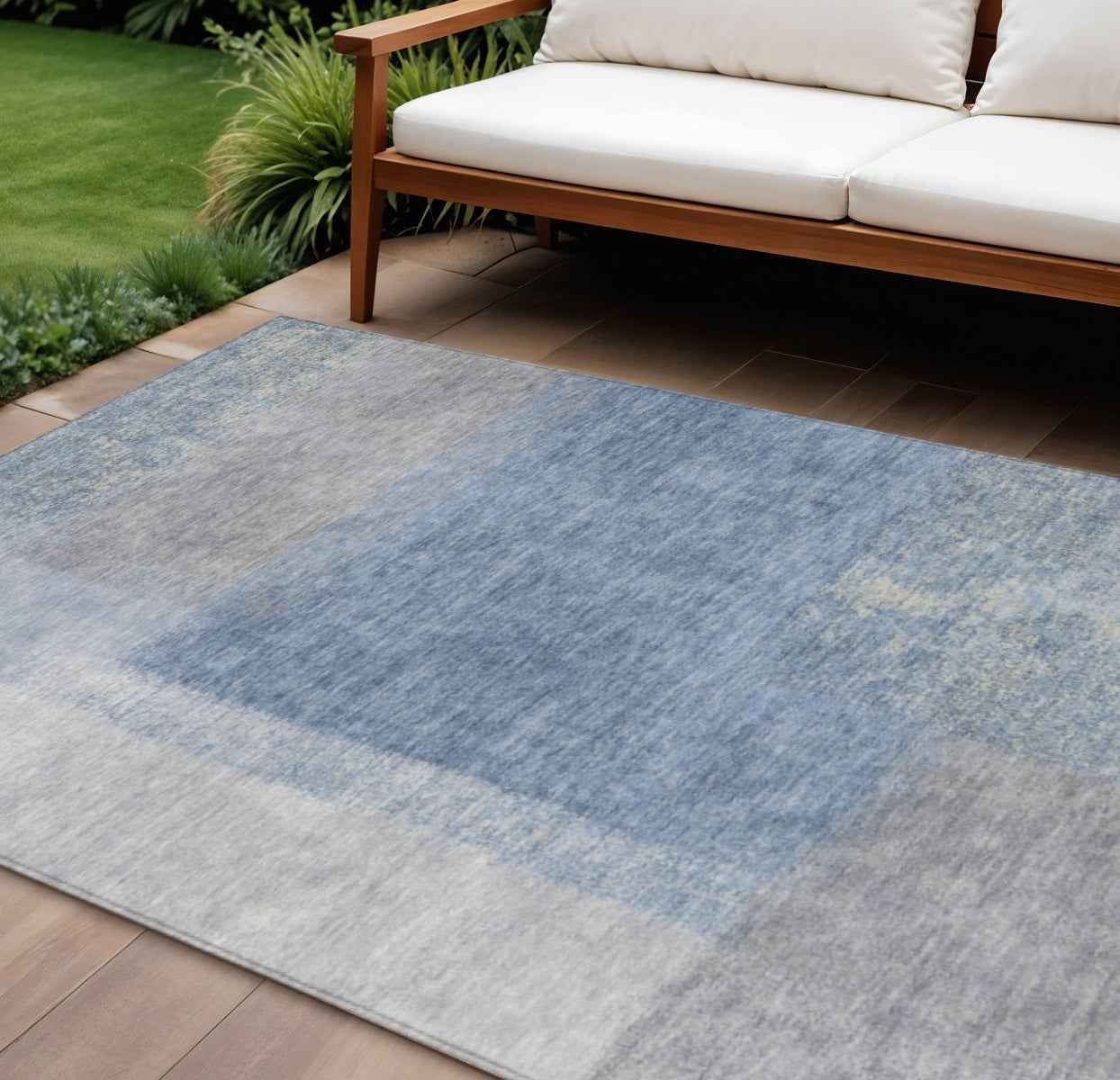 10' X 14' Denim Blue Ivory And Gray Abstract Washable Indoor Outdoor Area Rug