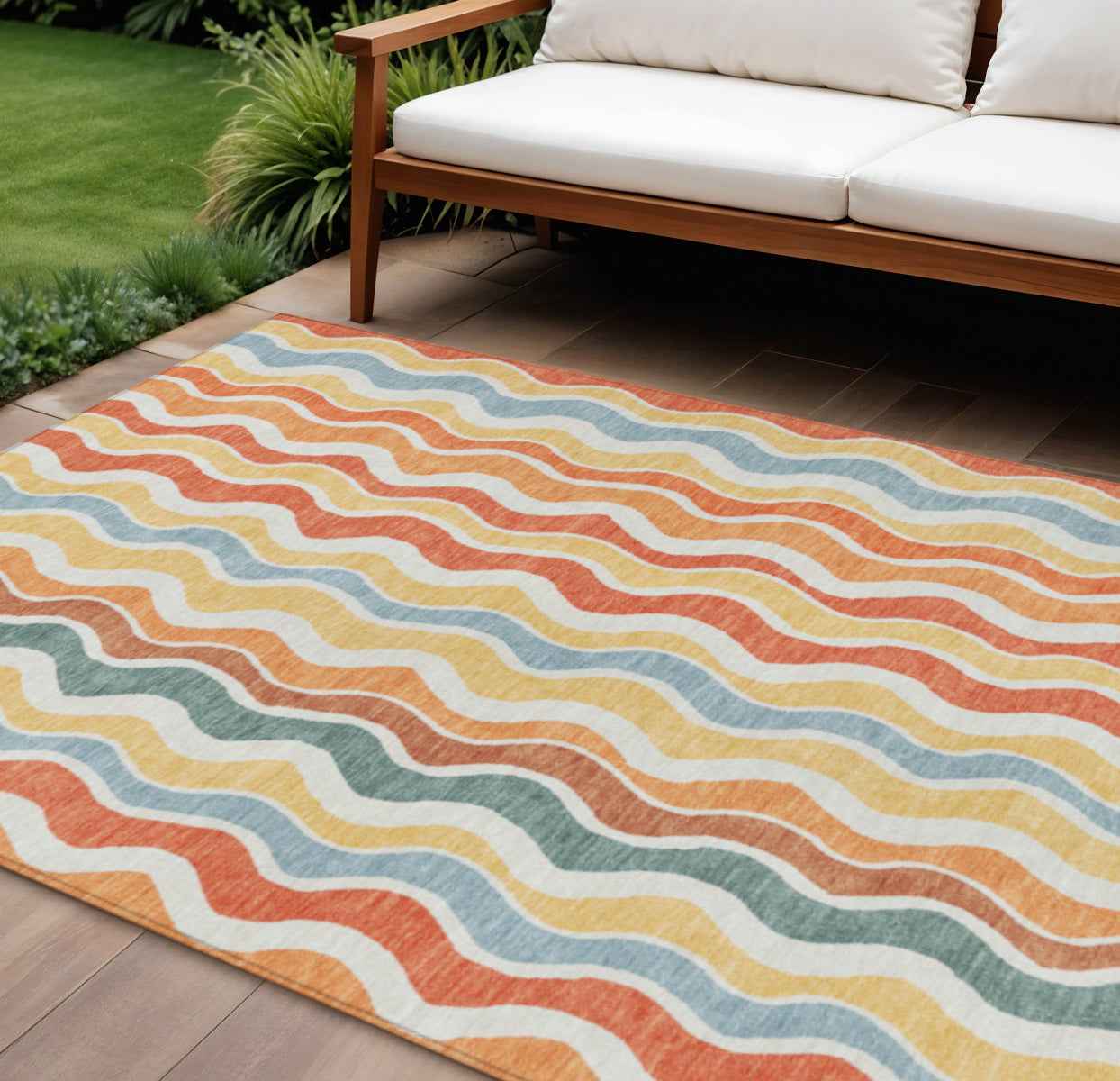 8' X 10' Coral Ivory And Gold Striped Washable Indoor Outdoor Area Rug