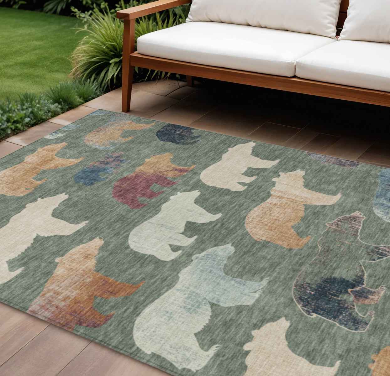 8' X 10' Green Ivory And Copper Animal Print Washable Indoor Outdoor Area Rug