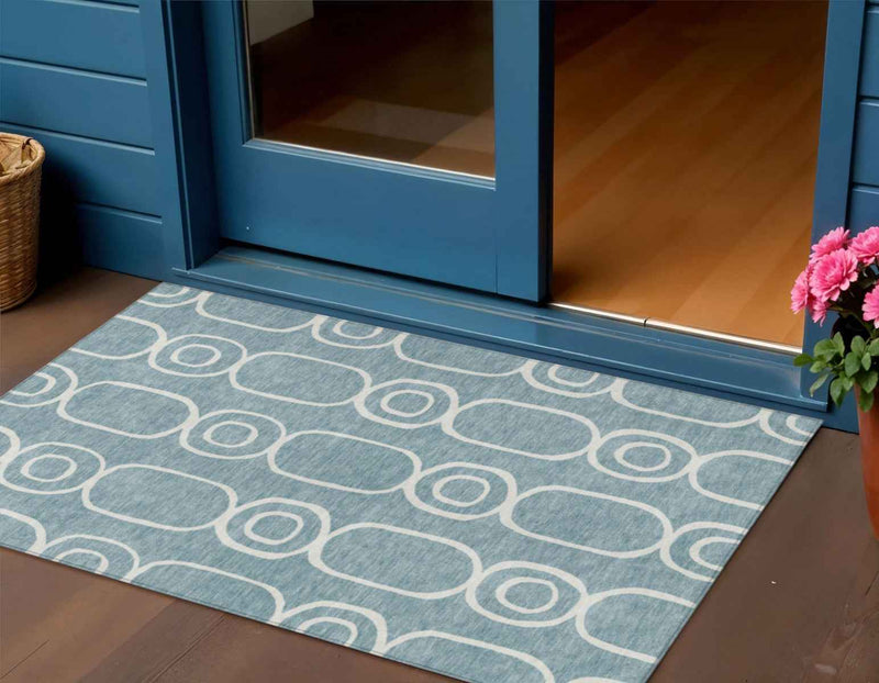 3' X 5' Aqua And Ivory Geometric Washable Indoor Outdoor Area Rug