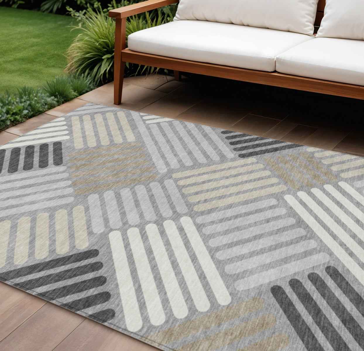 8' X 10' Gray Ivory And Tan Geometric Washable Indoor Outdoor Area Rug