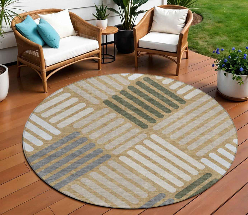 8' Gold Ivory And Charcoal Round Geometric Washable Indoor Outdoor Area Rug