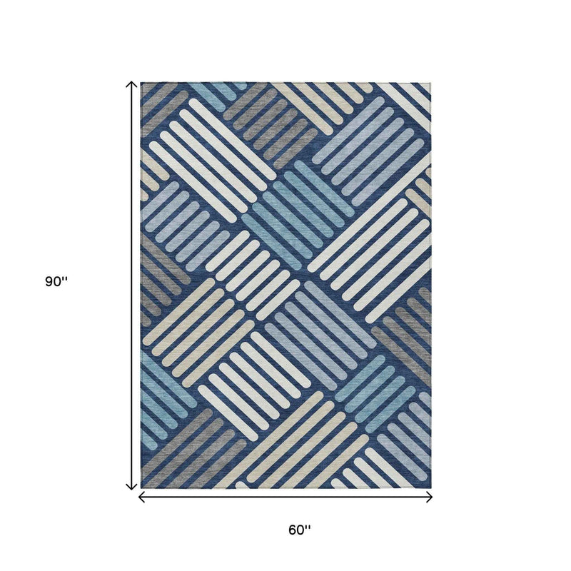5' X 8' Navy Blue Ivory And Pewter Geometric Washable Indoor Outdoor Area Rug