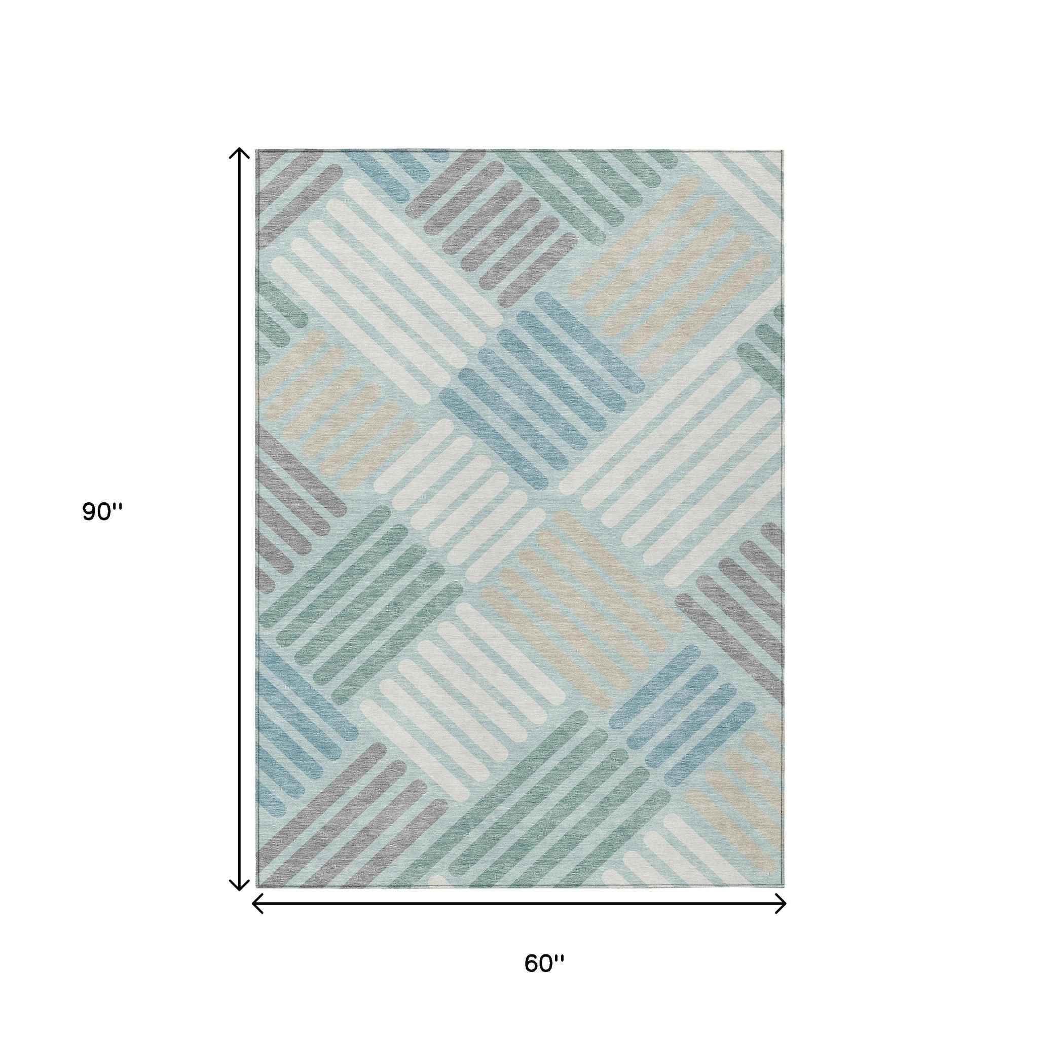5' X 8' Pale Aqua Wheat And Ivory Geometric Washable Indoor Outdoor Area Rug
