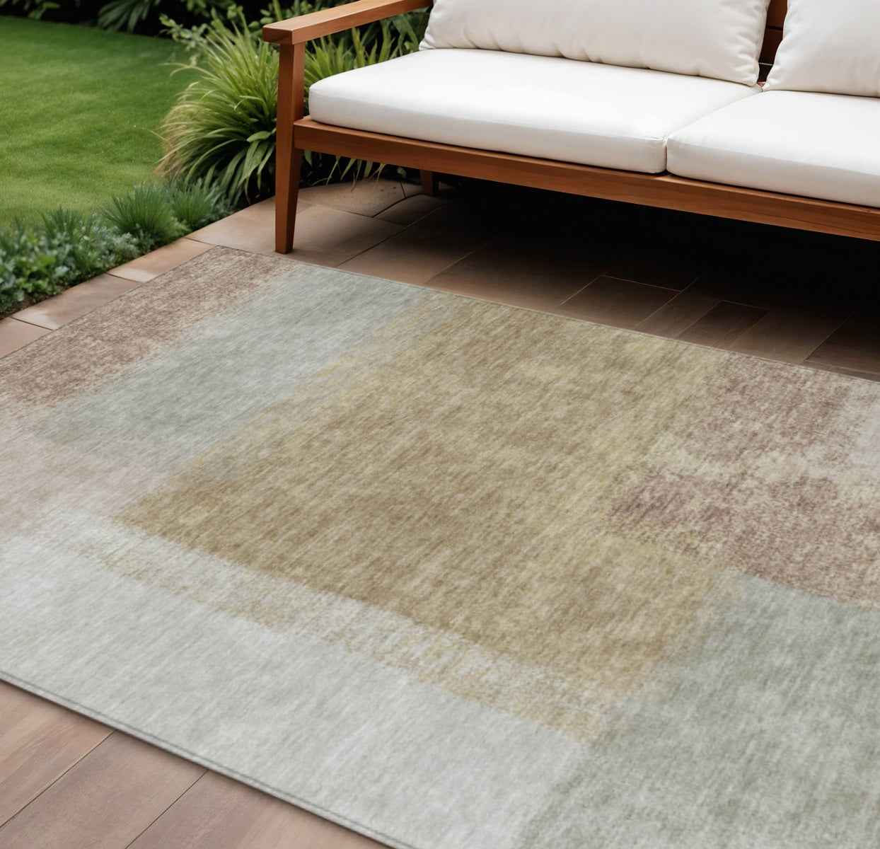 9' X 12' Gold Ivory And Gray Abstract Washable Indoor Outdoor Area Rug