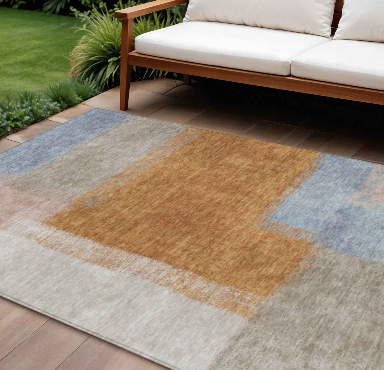 10' X 14' Rust Ivory And Blue Abstract Washable Indoor Outdoor Area Rug