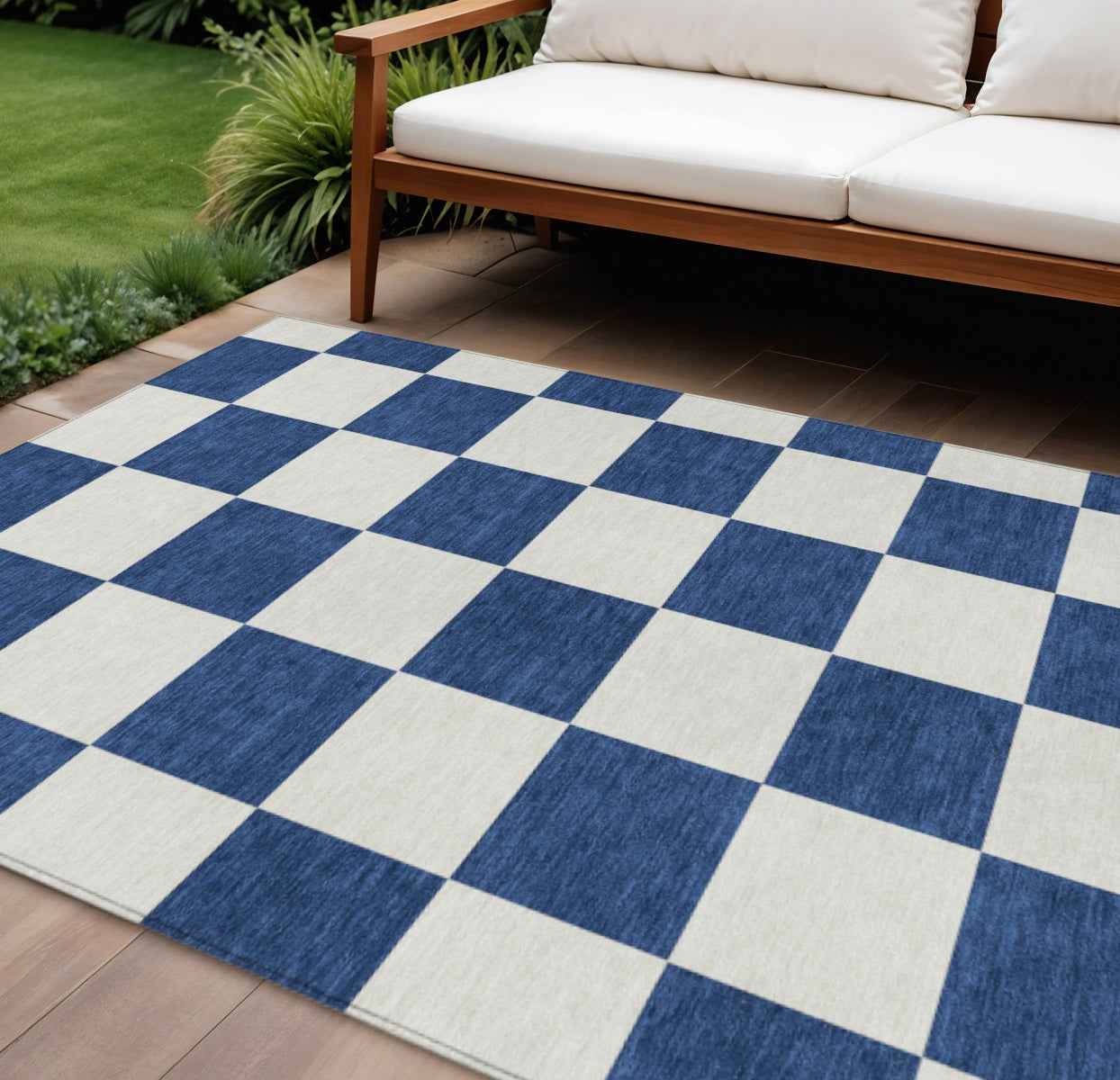 9' X 12' Navy Blue And Ivory Geometric Washable Indoor Outdoor Area Rug
